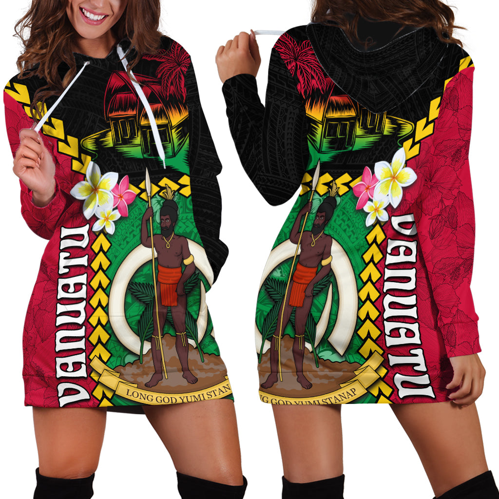 Vanuatu Nakamal and Plumeria Flowers Hoodie Dress Polynesian Pattern