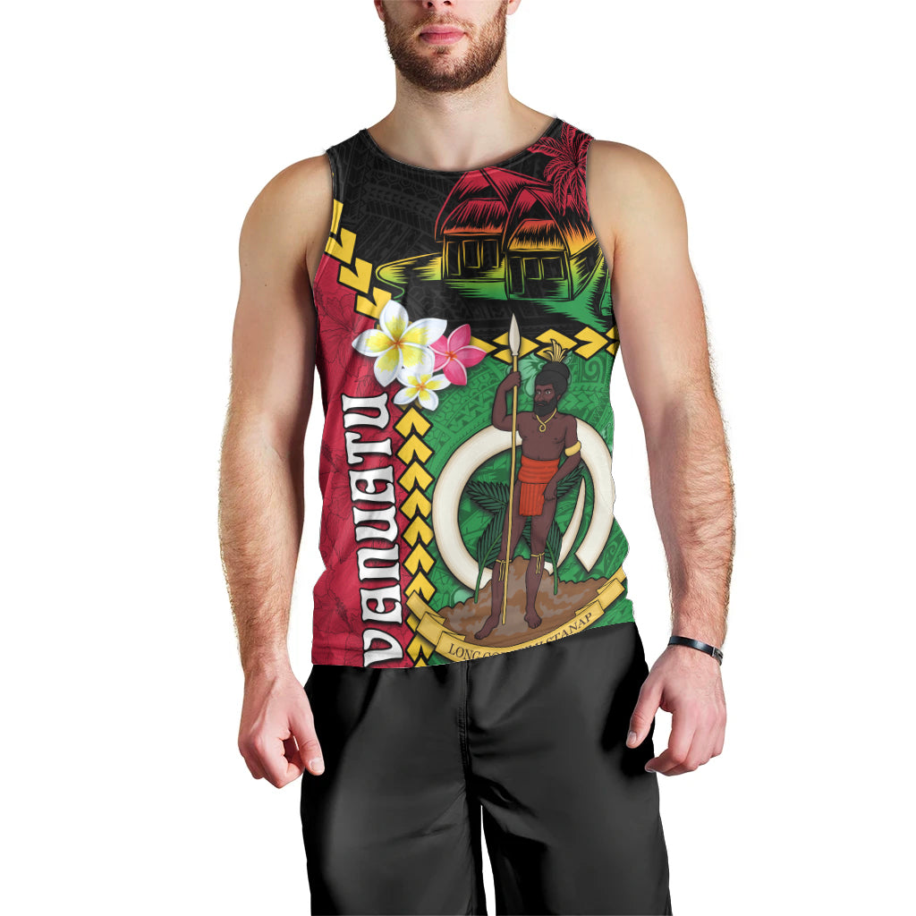 Vanuatu Nakamal and Plumeria Flowers Men Tank Top Polynesian Pattern