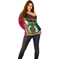 Vanuatu Nakamal and Plumeria Flowers Off Shoulder Sweater Polynesian Pattern