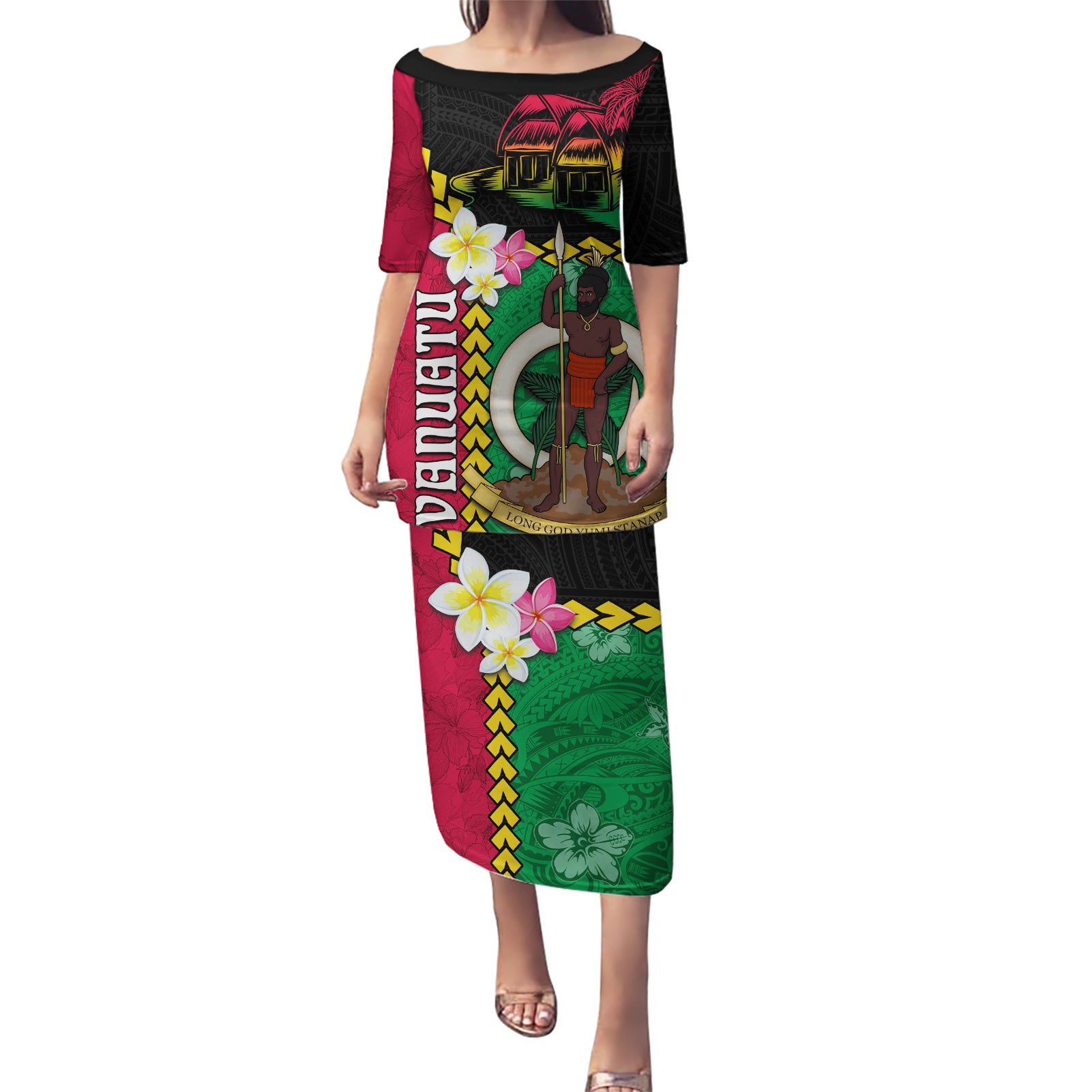 Vanuatu Nakamal and Plumeria Flowers Puletasi Polynesian Pattern