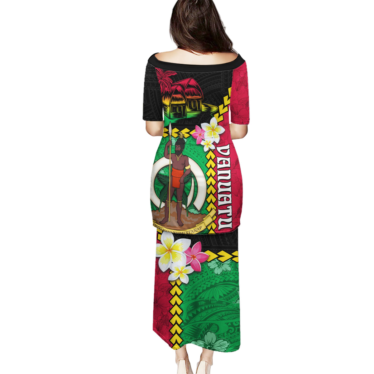 Vanuatu Nakamal and Plumeria Flowers Puletasi Polynesian Pattern