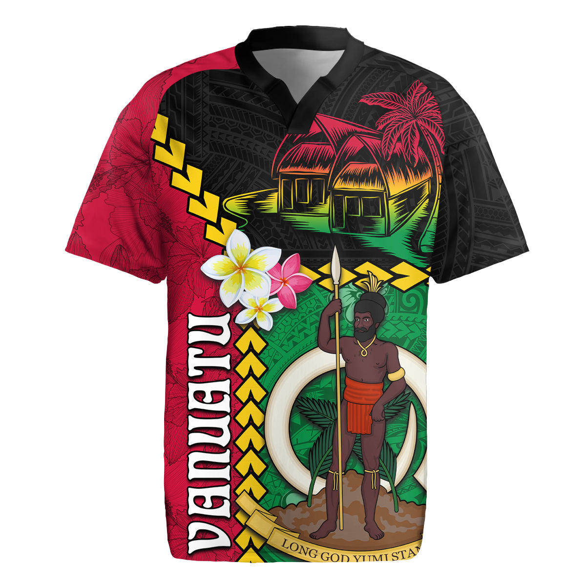 Vanuatu Nakamal and Plumeria Flowers Rugby Jersey Polynesian Pattern