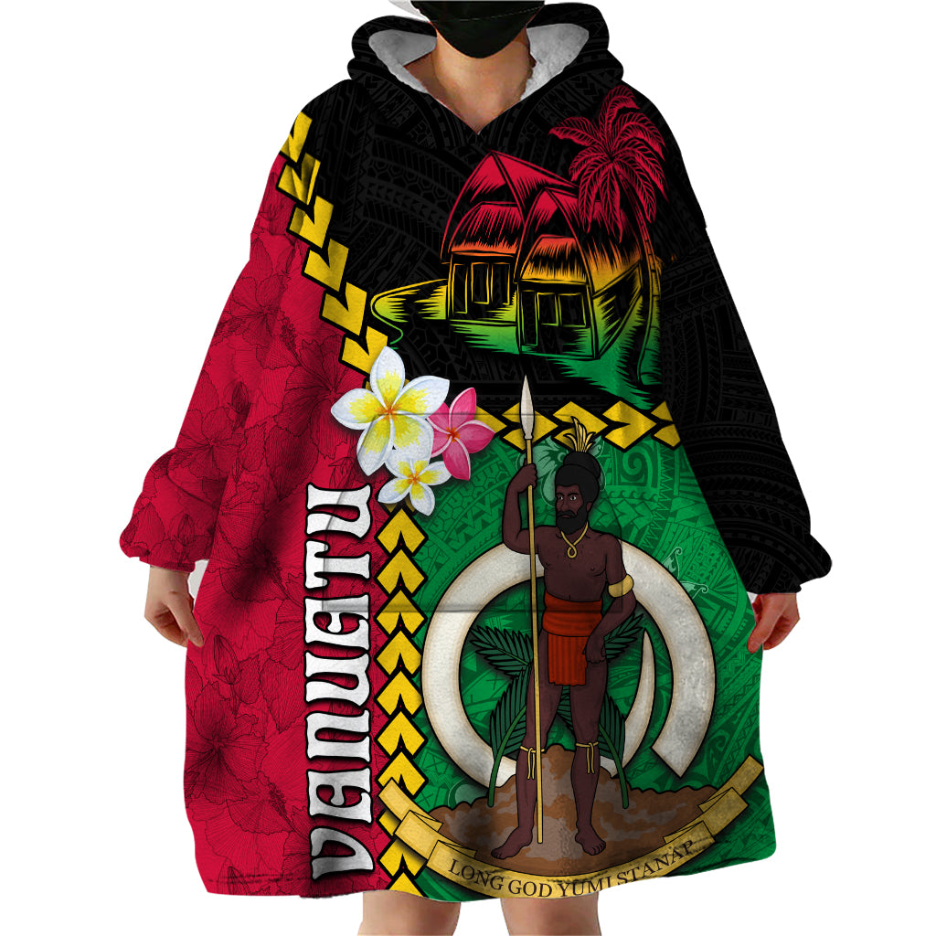 Vanuatu Nakamal and Plumeria Flowers Wearable Blanket Hoodie Polynesian Pattern