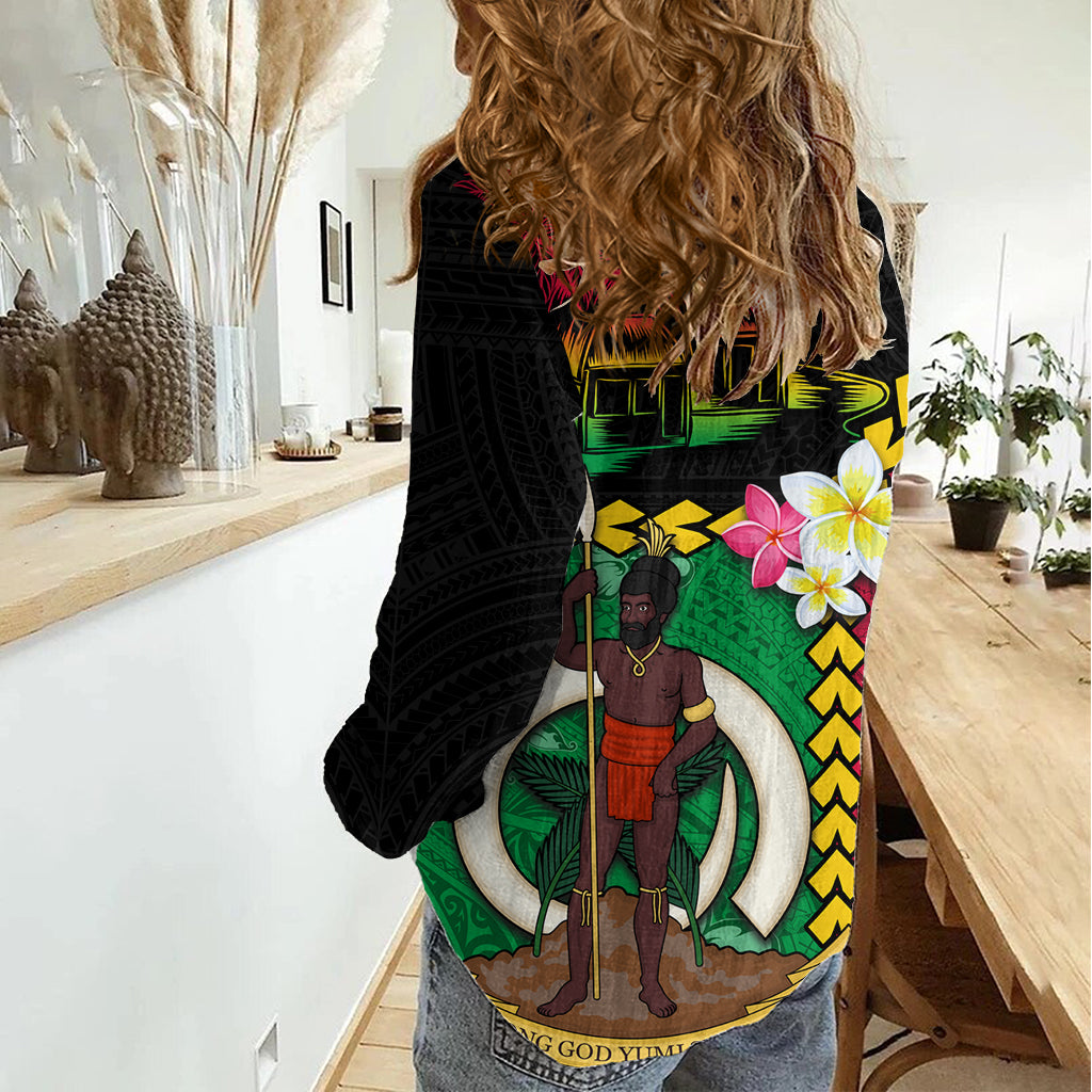 Vanuatu Nakamal and Plumeria Flowers Women Casual Shirt Polynesian Pattern