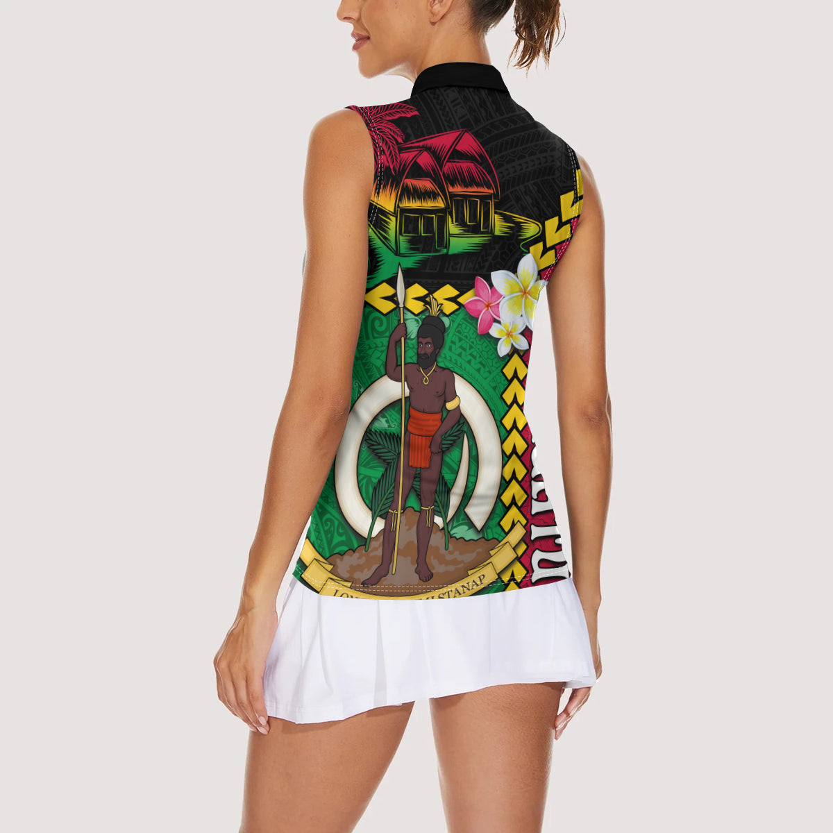 Vanuatu Nakamal and Plumeria Flowers Women Sleeveless Polo Shirt Polynesian Pattern