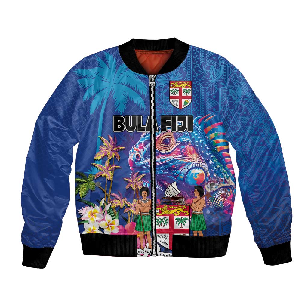 Fiji Bula Bomber Jacket Tropical Plants with Palm Tree and Iguana Colorful