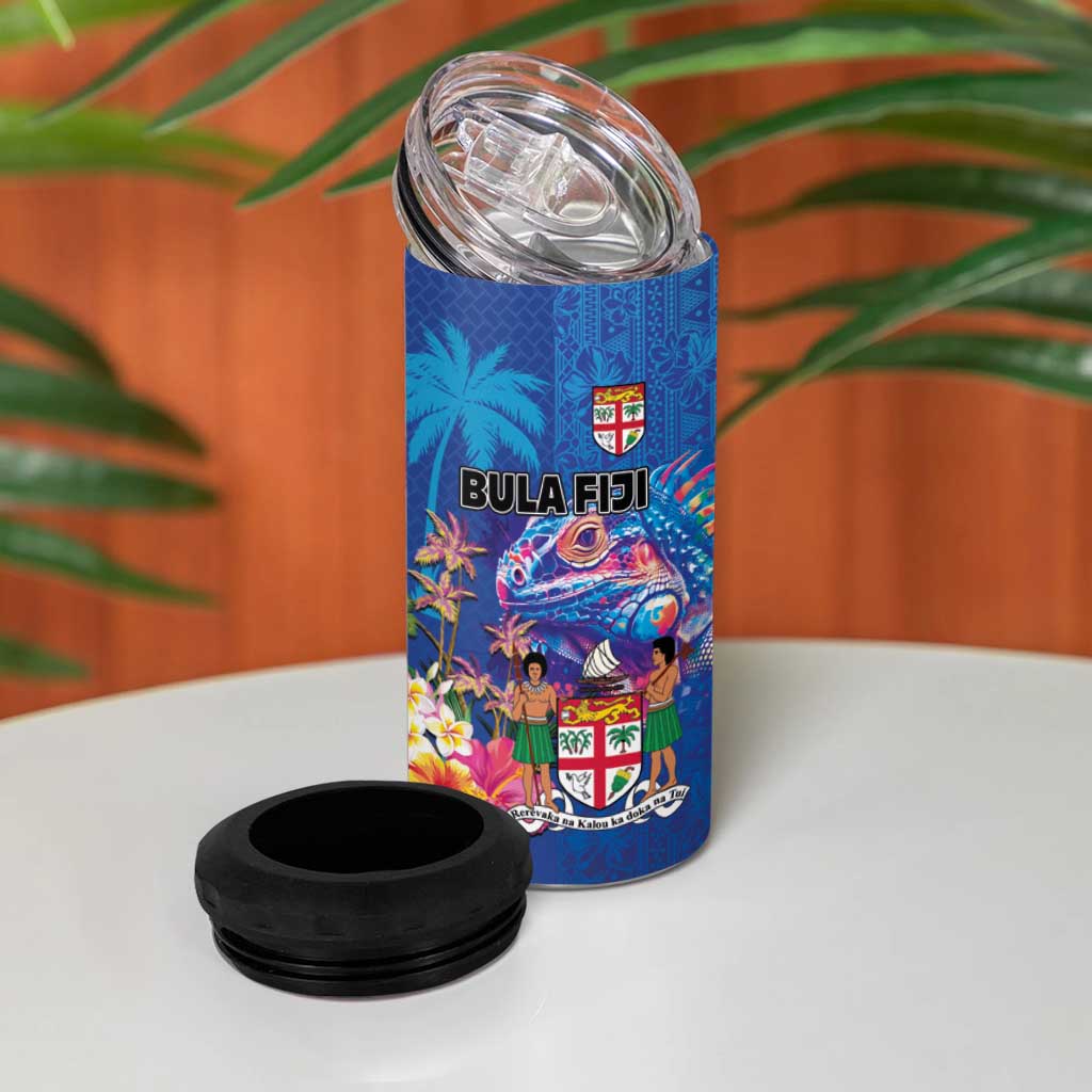 Fiji Bula 4 in 1 Can Cooler Tumbler Tropical Plants with Palm Tree and Iguana Colorful