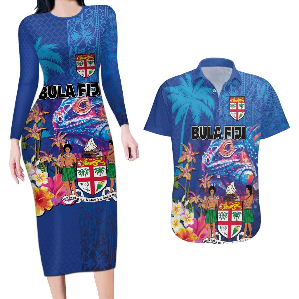 Fiji Bula Couples Matching Long Sleeve Bodycon Dress and Hawaiian Shirt Tropical Plants with Palm Tree and Iguana Colorful