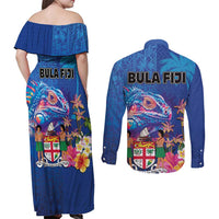Fiji Bula Couples Matching Off Shoulder Maxi Dress and Long Sleeve Button Shirt Tropical Plants with Palm Tree and Iguana Colorful