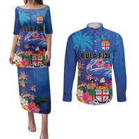 Fiji Bula Couples Matching Puletasi and Long Sleeve Button Shirt Tropical Plants with Palm Tree and Iguana Colorful