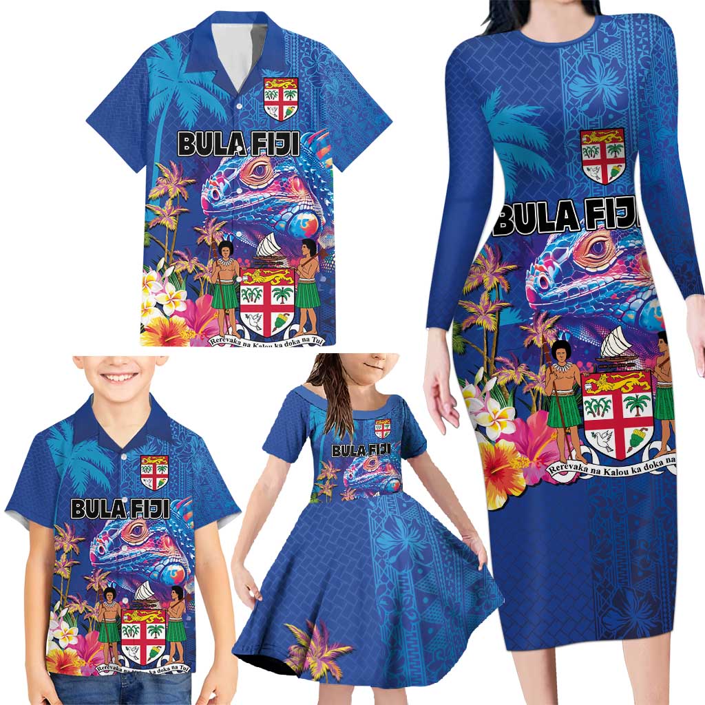 Fiji Bula Family Matching Long Sleeve Bodycon Dress and Hawaiian Shirt Tropical Plants with Palm Tree and Iguana Colorful