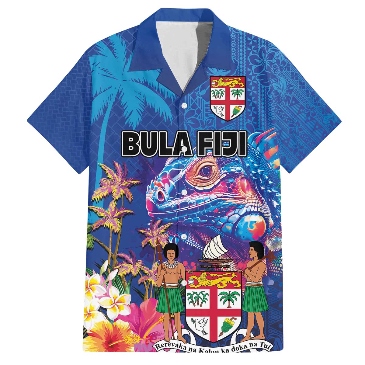 Fiji Bula Family Matching Off The Shoulder Long Sleeve Dress and Hawaiian Shirt Tropical Plants with Palm Tree and Iguana Colorful