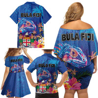 Fiji Bula Family Matching Off Shoulder Short Dress and Hawaiian Shirt Tropical Plants with Palm Tree and Iguana Colorful