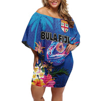Fiji Bula Family Matching Off Shoulder Short Dress and Hawaiian Shirt Tropical Plants with Palm Tree and Iguana Colorful