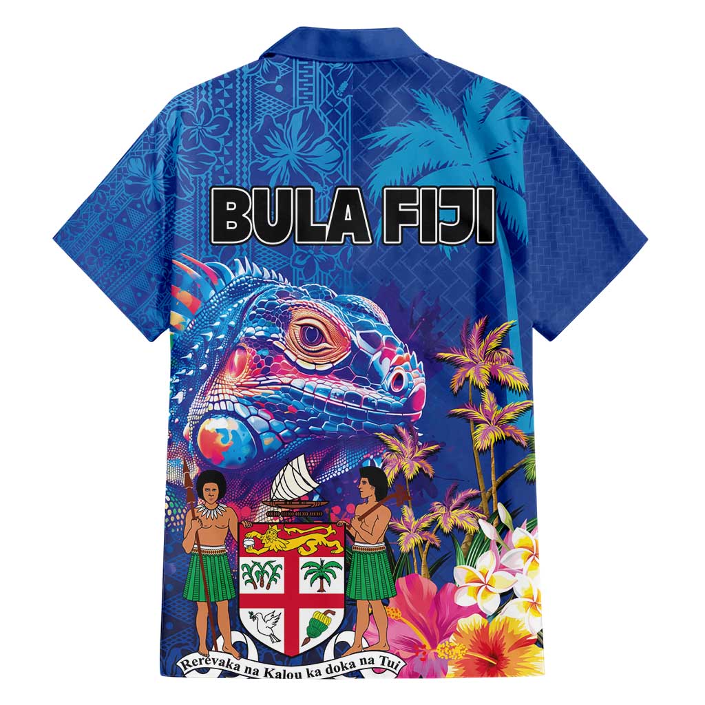 Fiji Bula Family Matching Short Sleeve Bodycon Dress and Hawaiian Shirt Tropical Plants with Palm Tree and Iguana Colorful