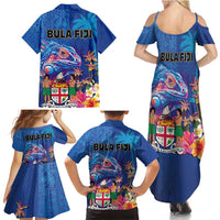 Fiji Bula Family Matching Summer Maxi Dress and Hawaiian Shirt Tropical Plants with Palm Tree and Iguana Colorful