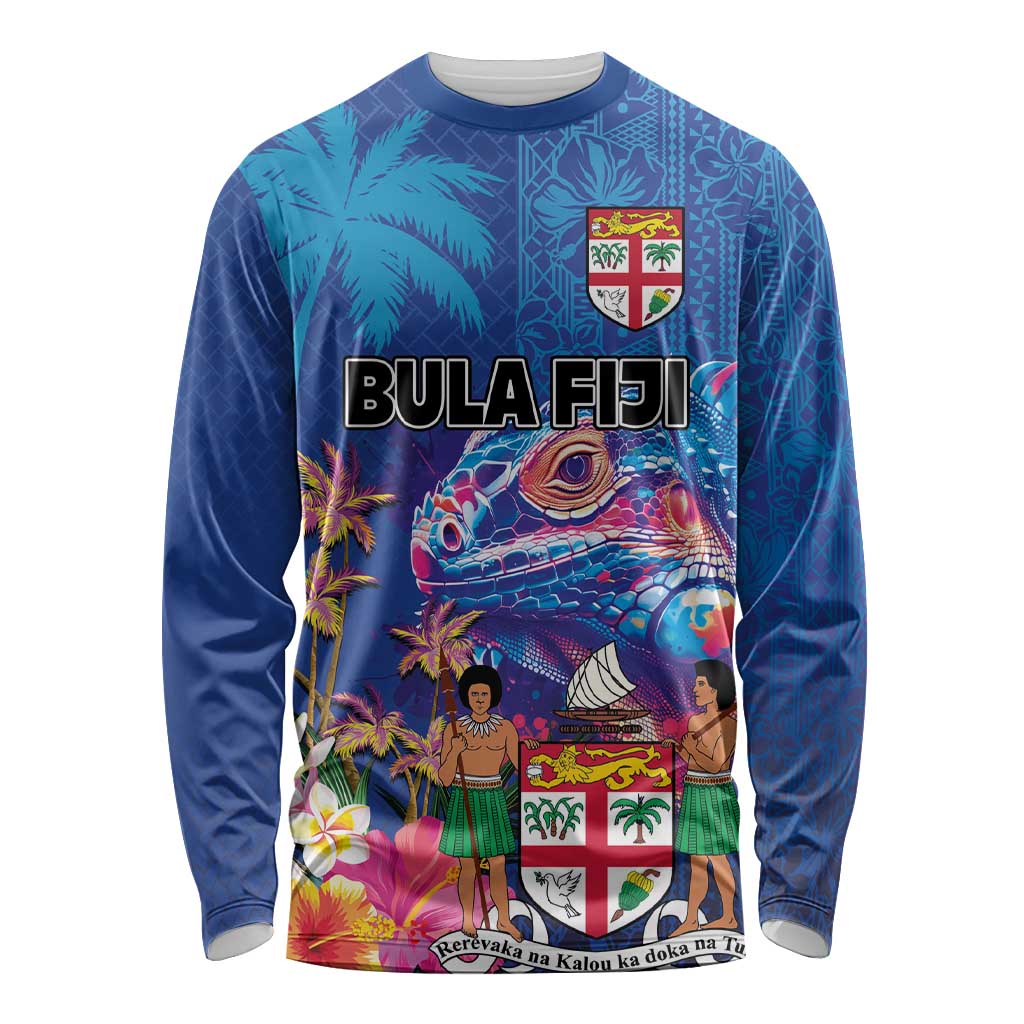 Fiji Bula Long Sleeve Shirt Tropical Plants with Palm Tree and Iguana Colorful