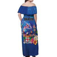 Fiji Bula Off Shoulder Maxi Dress Tropical Plants with Palm Tree and Iguana Colorful