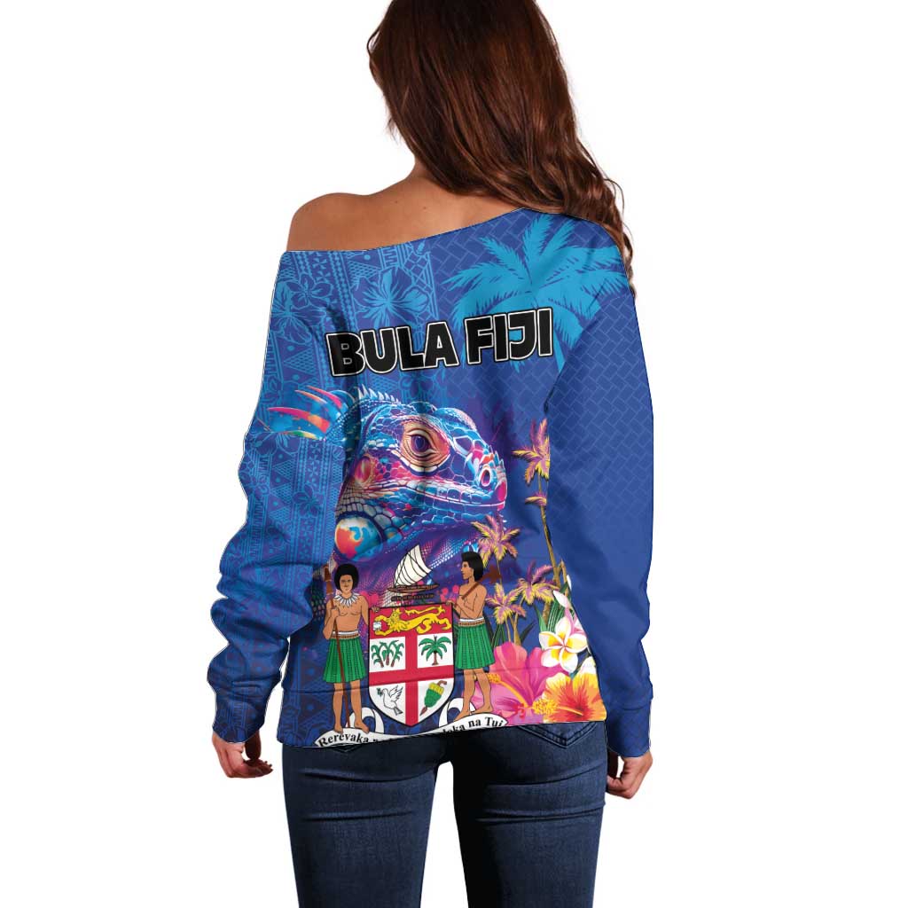 Fiji Bula Off Shoulder Sweater Tropical Plants with Palm Tree and Iguana Colorful