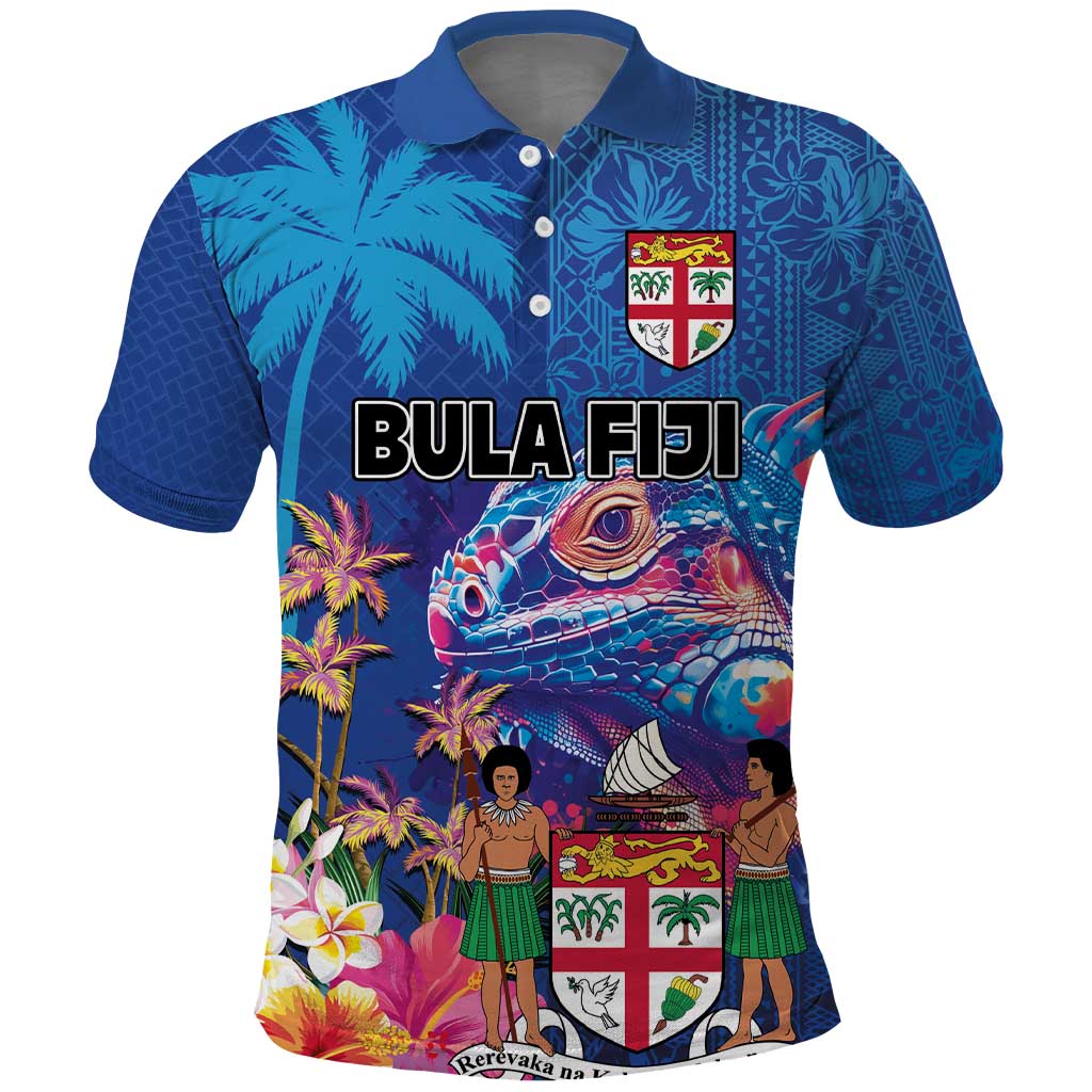 Fiji Bula Polo Shirt Tropical Plants with Palm Tree and Iguana Colorful