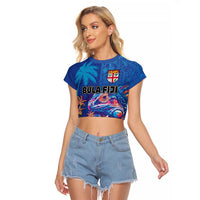 Fiji Bula Raglan Cropped T Shirt Tropical Plants with Palm Tree and Iguana Colorful