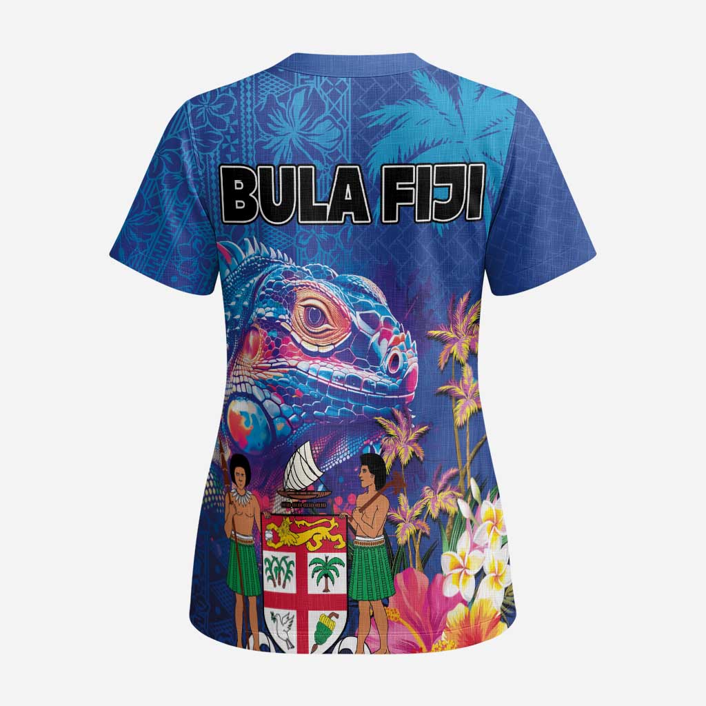 Fiji Bula Scrub Top Tropical Plants with Palm Tree and Iguana Colorful - Polynesian Pride
