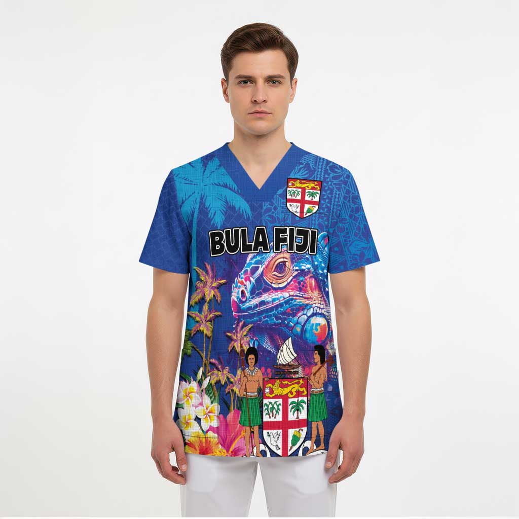 Fiji Bula Scrub Top Tropical Plants with Palm Tree and Iguana Colorful - Polynesian Pride