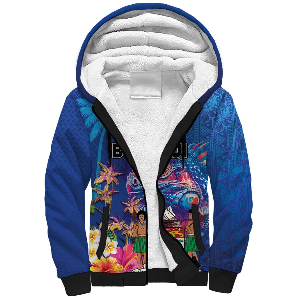 Fiji Bula Sherpa Hoodie Tropical Plants with Palm Tree and Iguana Colorful