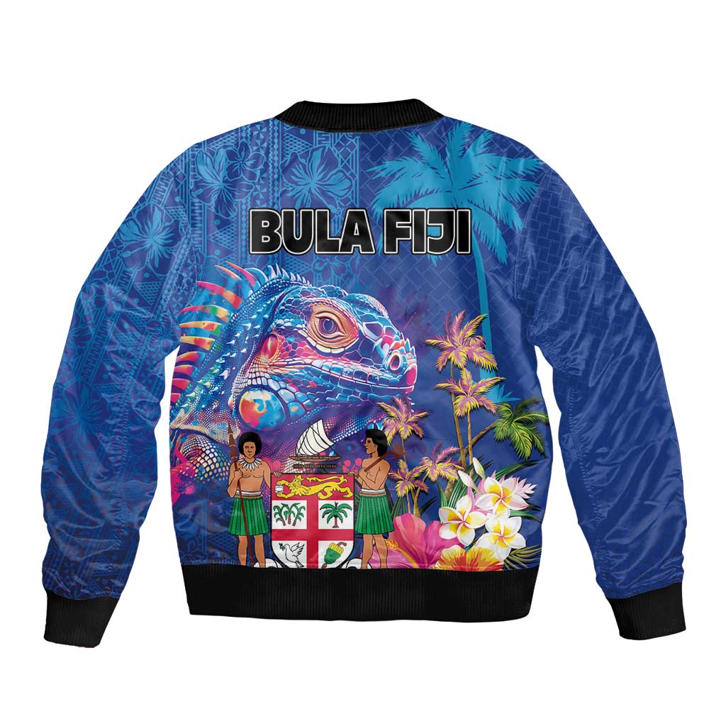 Fiji Bula Sleeve Zip Bomber Jacket Tropical Plants with Palm Tree and Iguana Colorful