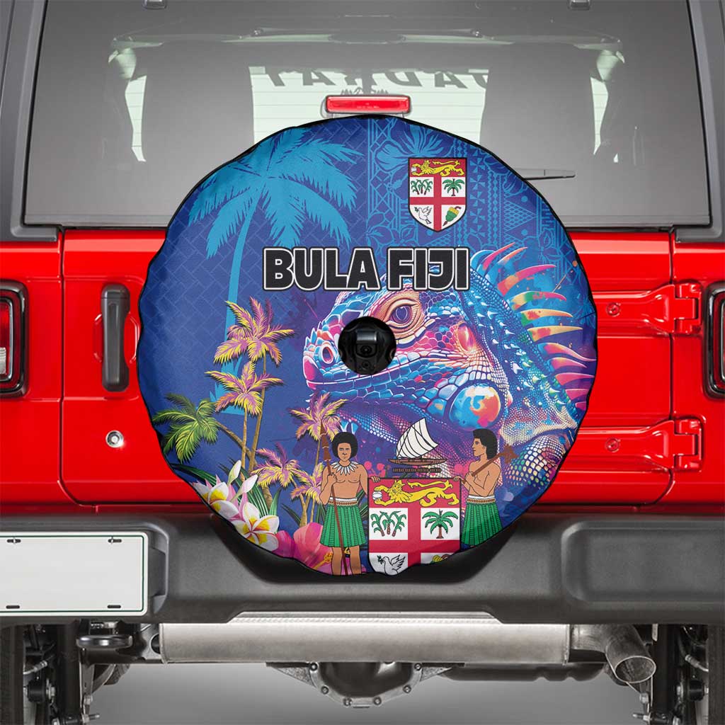 Fiji Bula Spare Tire Cover Tropical Plants with Palm Tree and Iguana Colorful