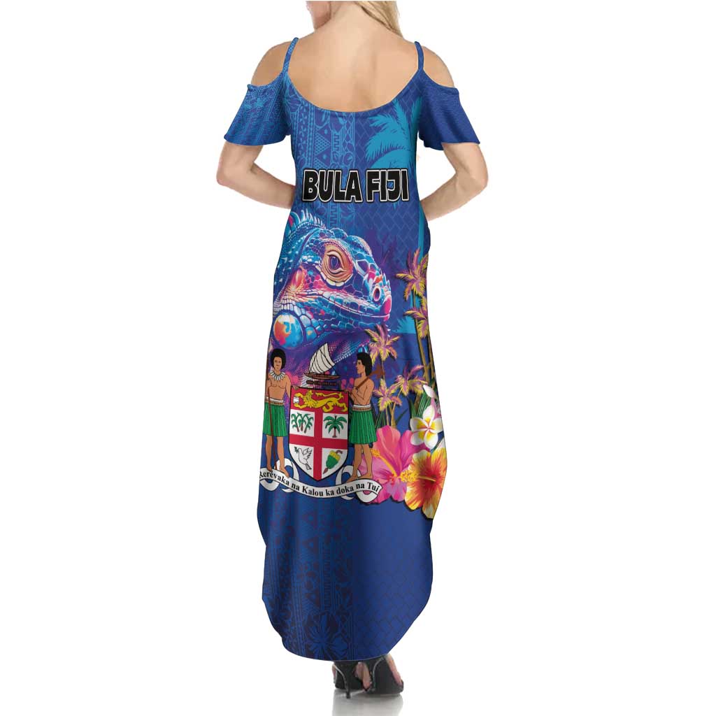 Fiji Bula Summer Maxi Dress Tropical Plants with Palm Tree and Iguana Colorful