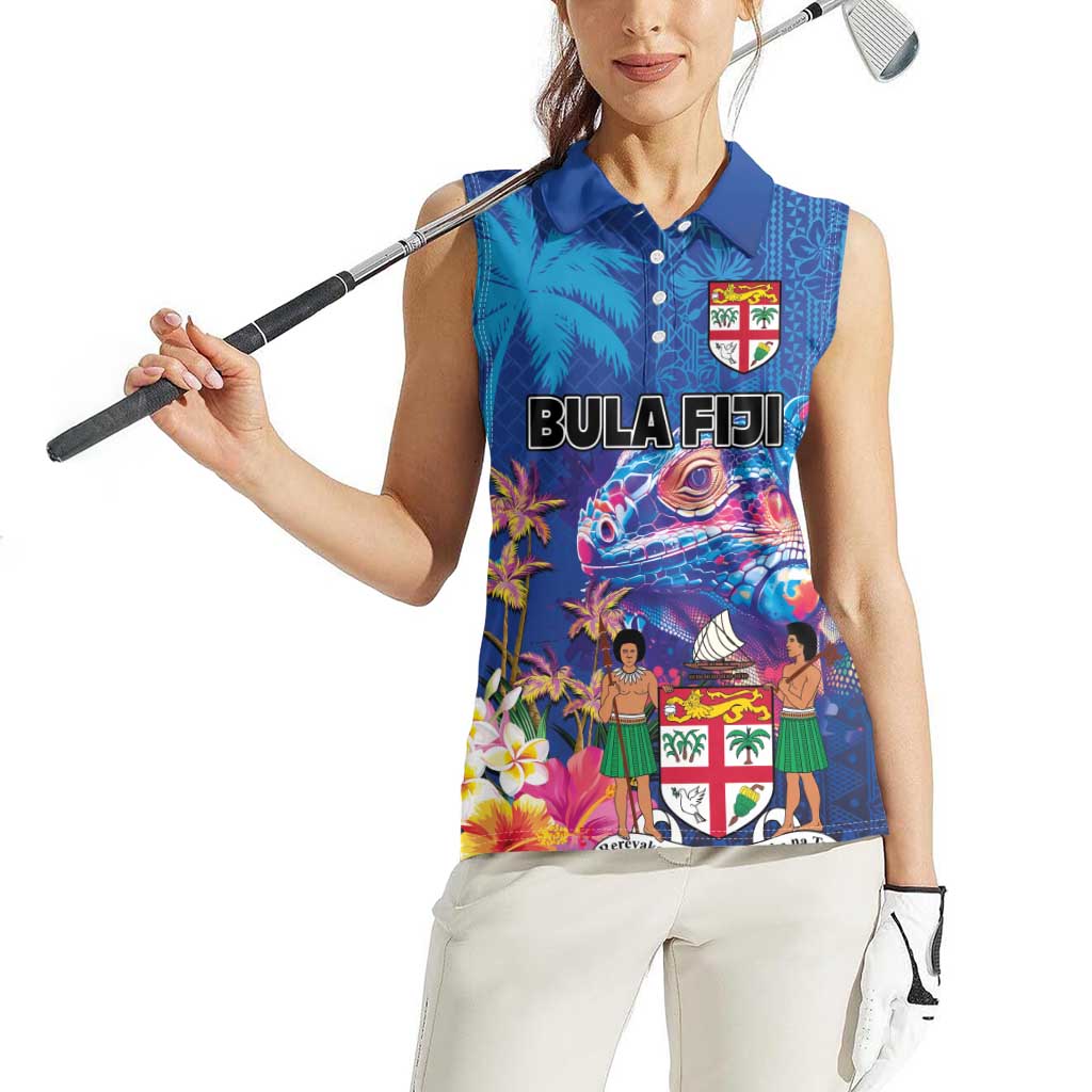 Fiji Bula Women Sleeveless Polo Shirt Tropical Plants with Palm Tree and Iguana Colorful