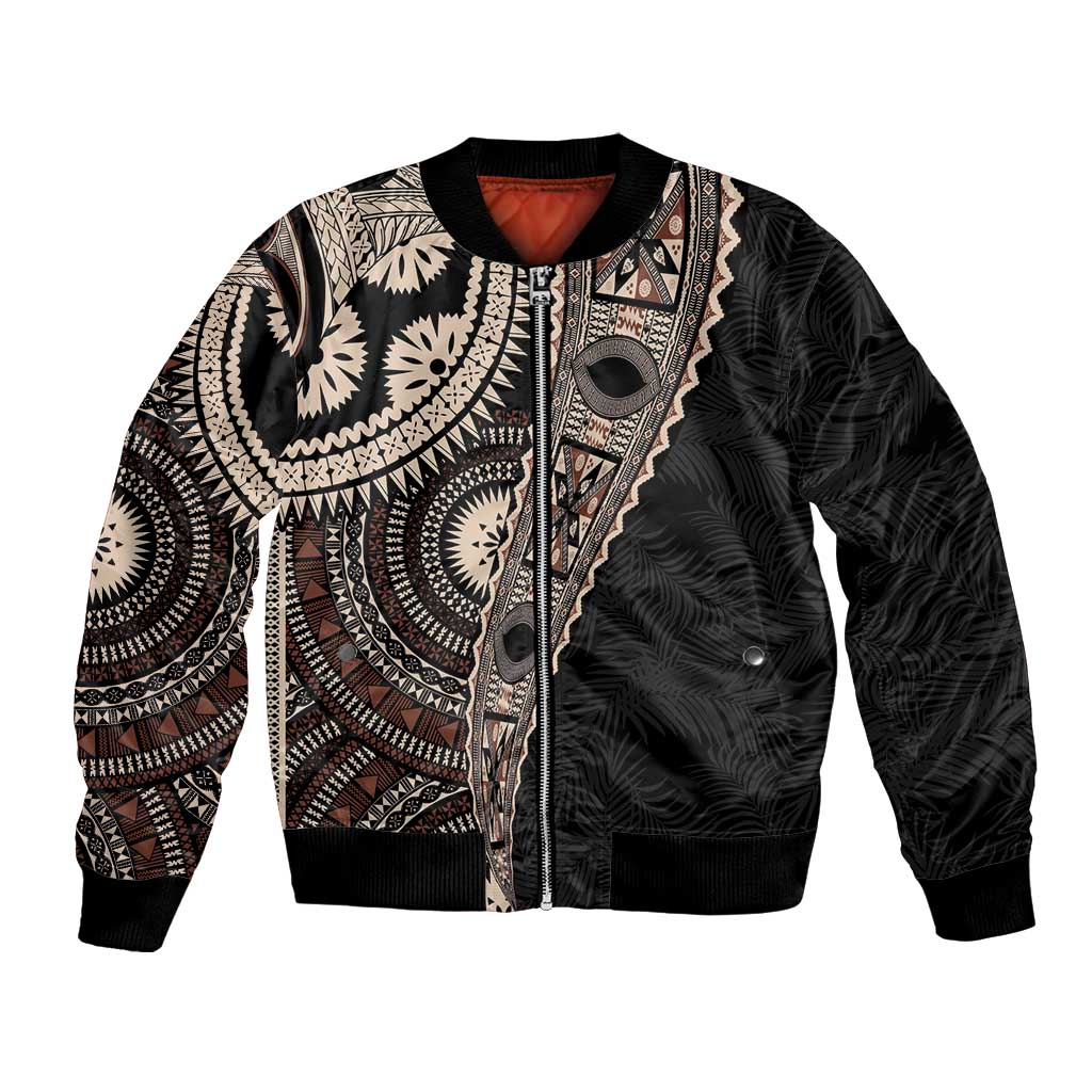 Fiji Traditional Masi Bomber Jacket Tapa Art Palm Leaves Pattern