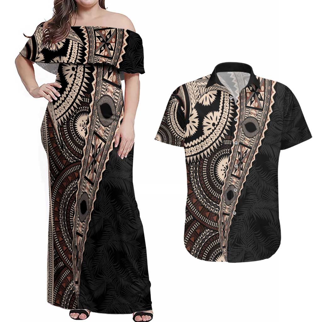 Fiji Traditional Masi Couples Matching Off Shoulder Maxi Dress and Hawaiian Shirt Tapa Art Palm Leaves Pattern