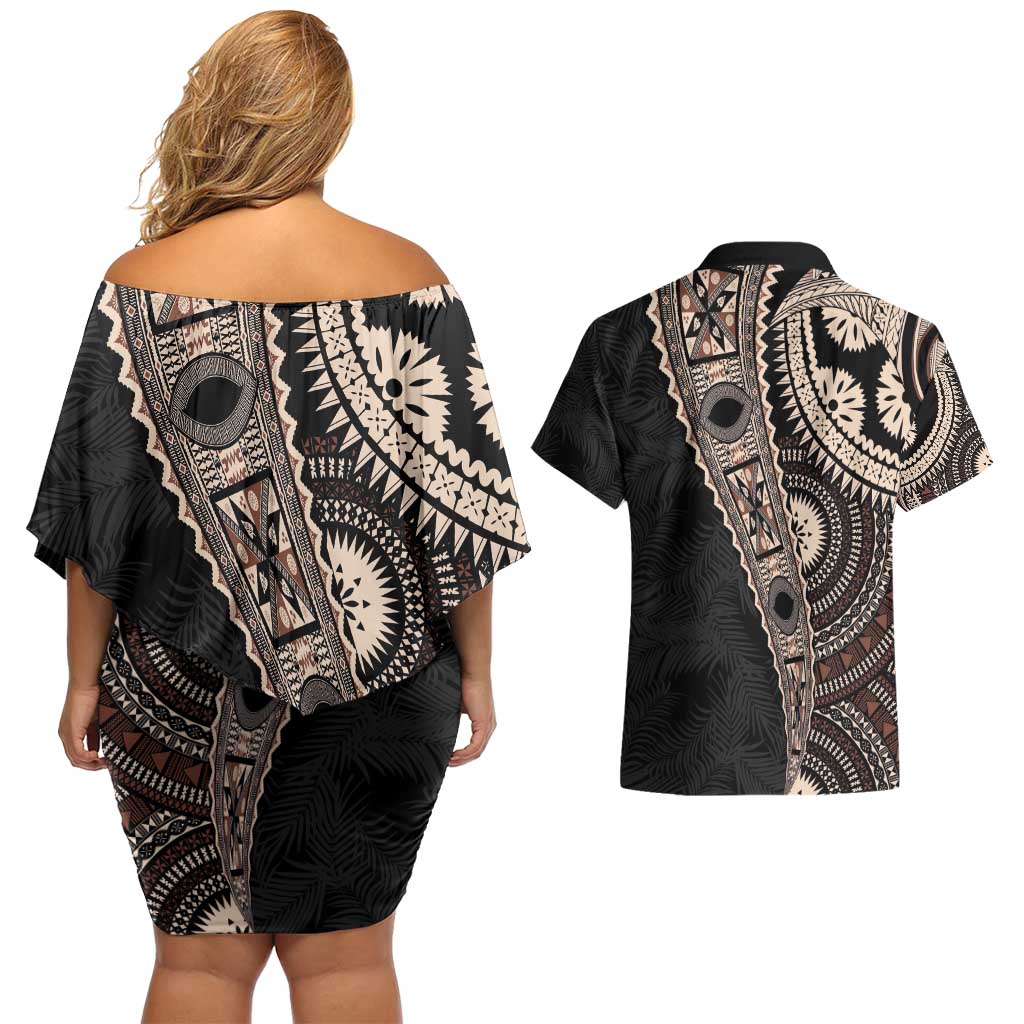 Fiji Traditional Masi Couples Matching Off Shoulder Short Dress and Hawaiian Shirt Tapa Art Palm Leaves Pattern