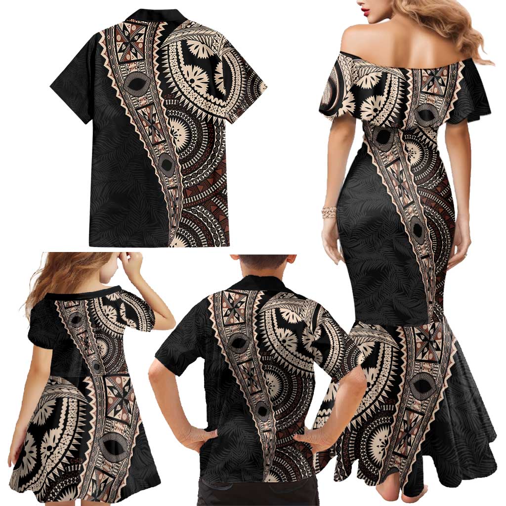 Fiji Traditional Masi Family Matching Mermaid Dress and Hawaiian Shirt Tapa Art Palm Leaves Pattern
