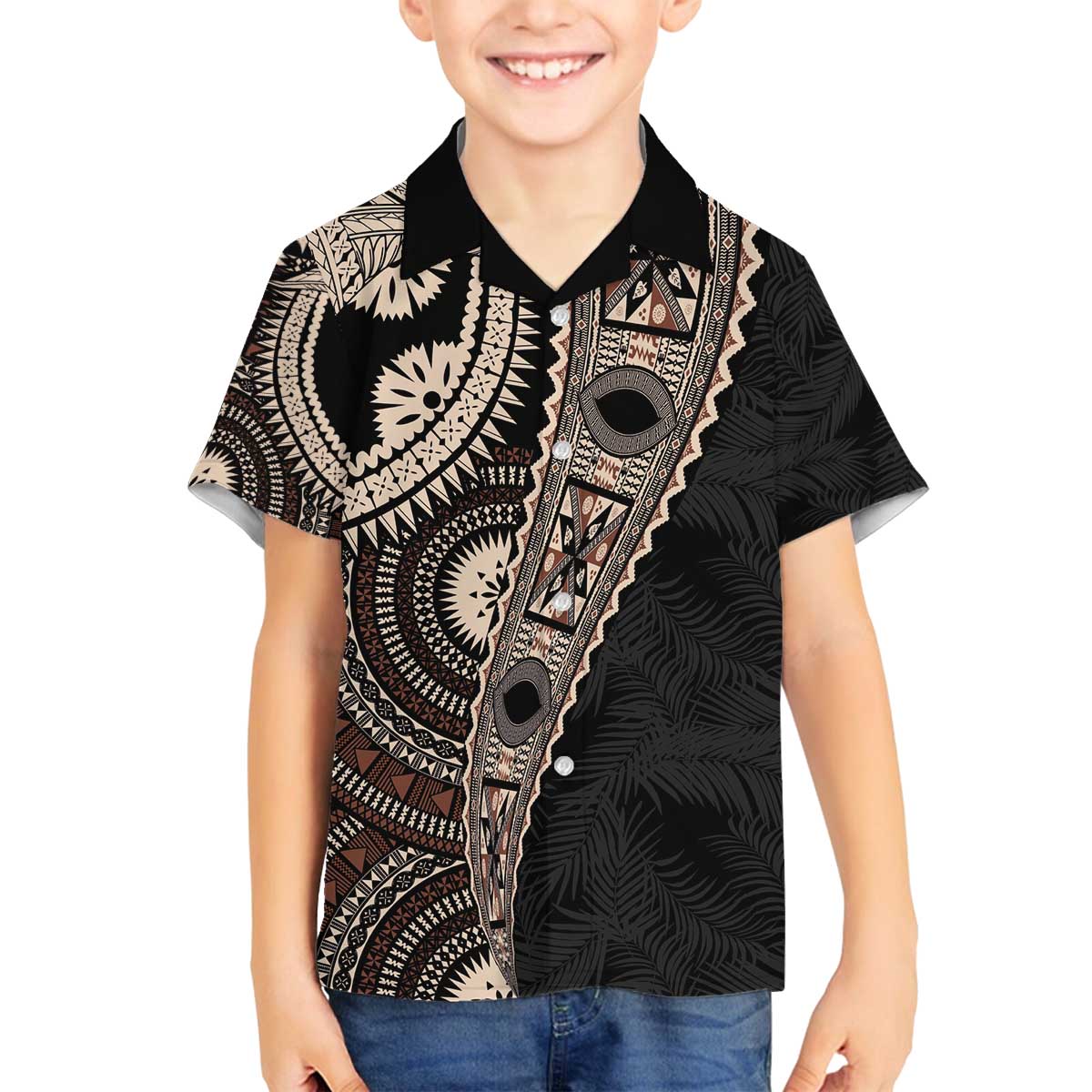 Fiji Traditional Masi Family Matching Off The Shoulder Long Sleeve Dress and Hawaiian Shirt Tapa Art Palm Leaves Pattern