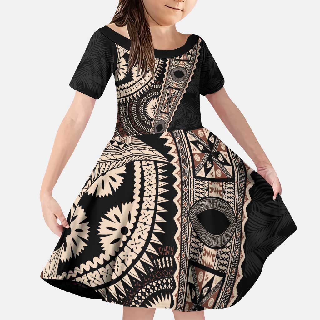 Fiji Traditional Masi Family Matching Off Shoulder Maxi Dress and Hawaiian Shirt Tapa Art Palm Leaves Pattern