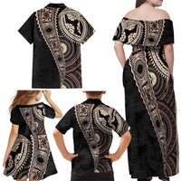 Fiji Traditional Masi Family Matching Off Shoulder Maxi Dress and Hawaiian Shirt Tapa Art Palm Leaves Pattern