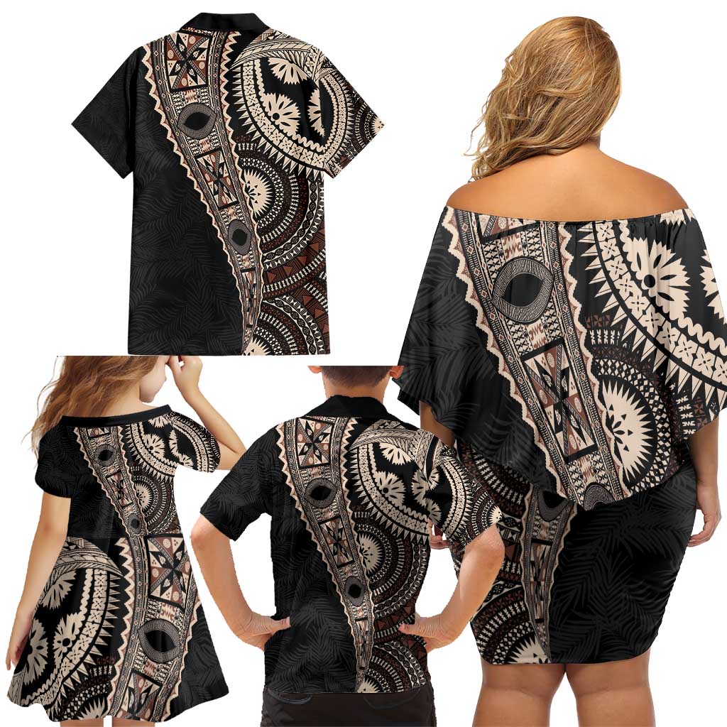 Fiji Traditional Masi Family Matching Off Shoulder Short Dress and Hawaiian Shirt Tapa Art Palm Leaves Pattern