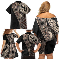 Fiji Traditional Masi Family Matching Off Shoulder Short Dress and Hawaiian Shirt Tapa Art Palm Leaves Pattern