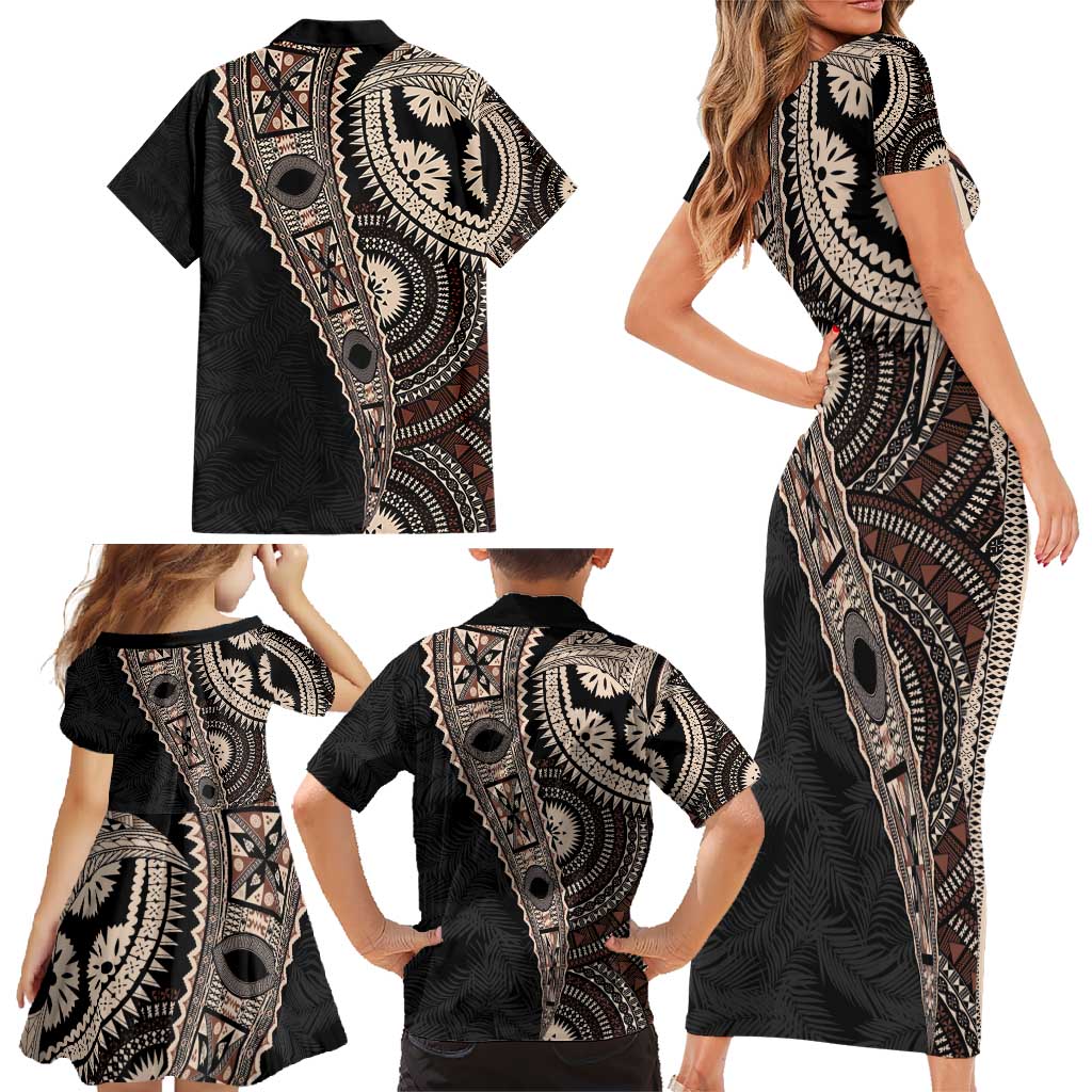 Fiji Traditional Masi Family Matching Short Sleeve Bodycon Dress and Hawaiian Shirt Tapa Art Palm Leaves Pattern