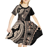 Fiji Traditional Masi Kid Short Sleeve Dress Tapa Art Palm Leaves Pattern