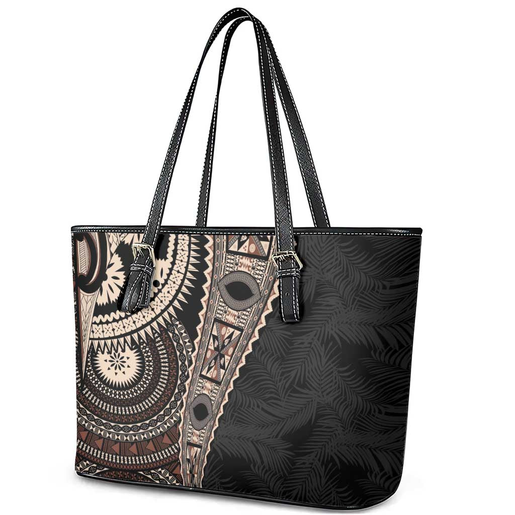 Fiji Traditional Masi Leather Tote Bag Tapa Art Palm Leaves Pattern