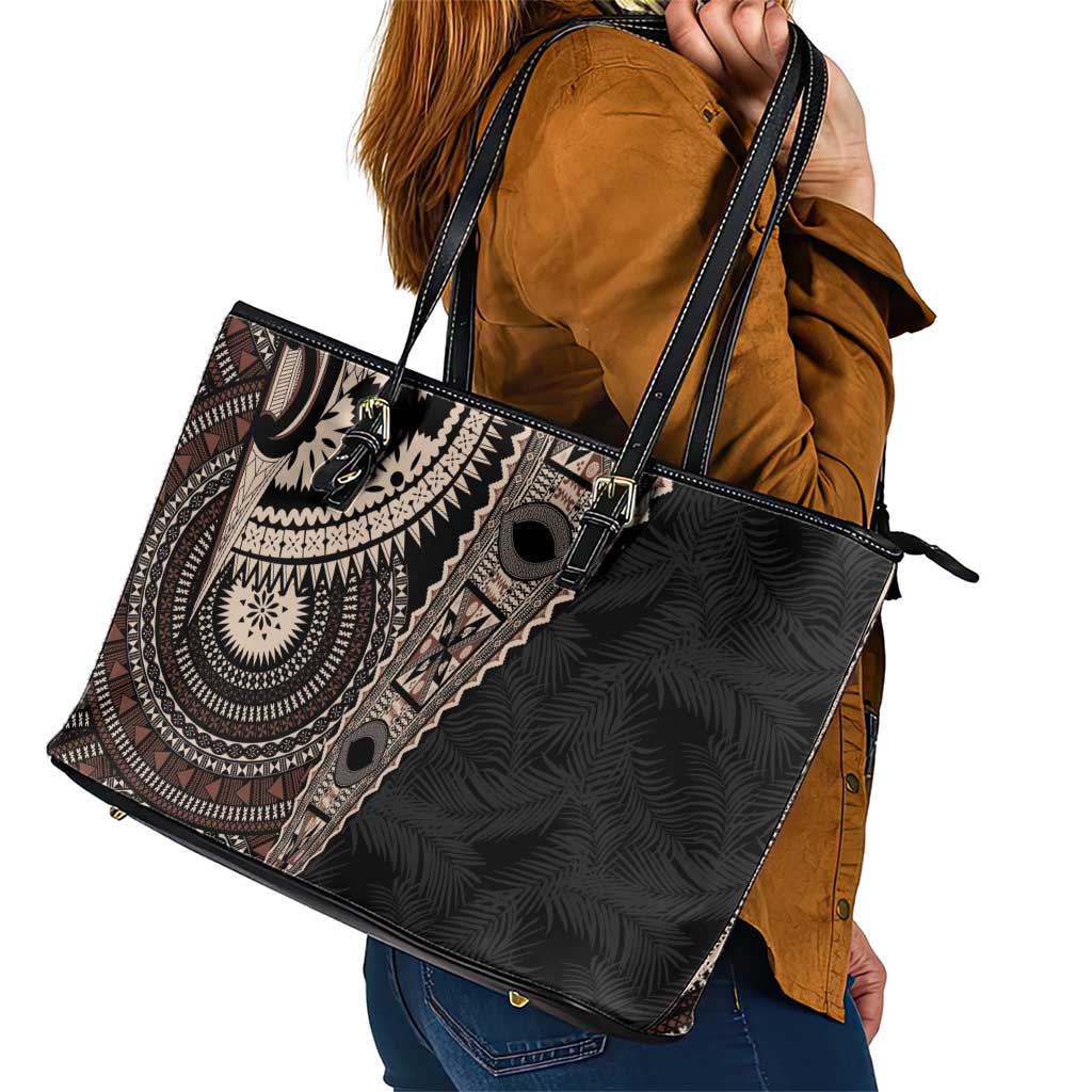 Fiji Traditional Masi Leather Tote Bag Tapa Art Palm Leaves Pattern