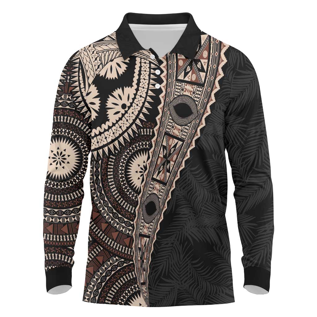 Fiji Traditional Masi Long Sleeve Polo Shirt Tapa Art Palm Leaves Pattern