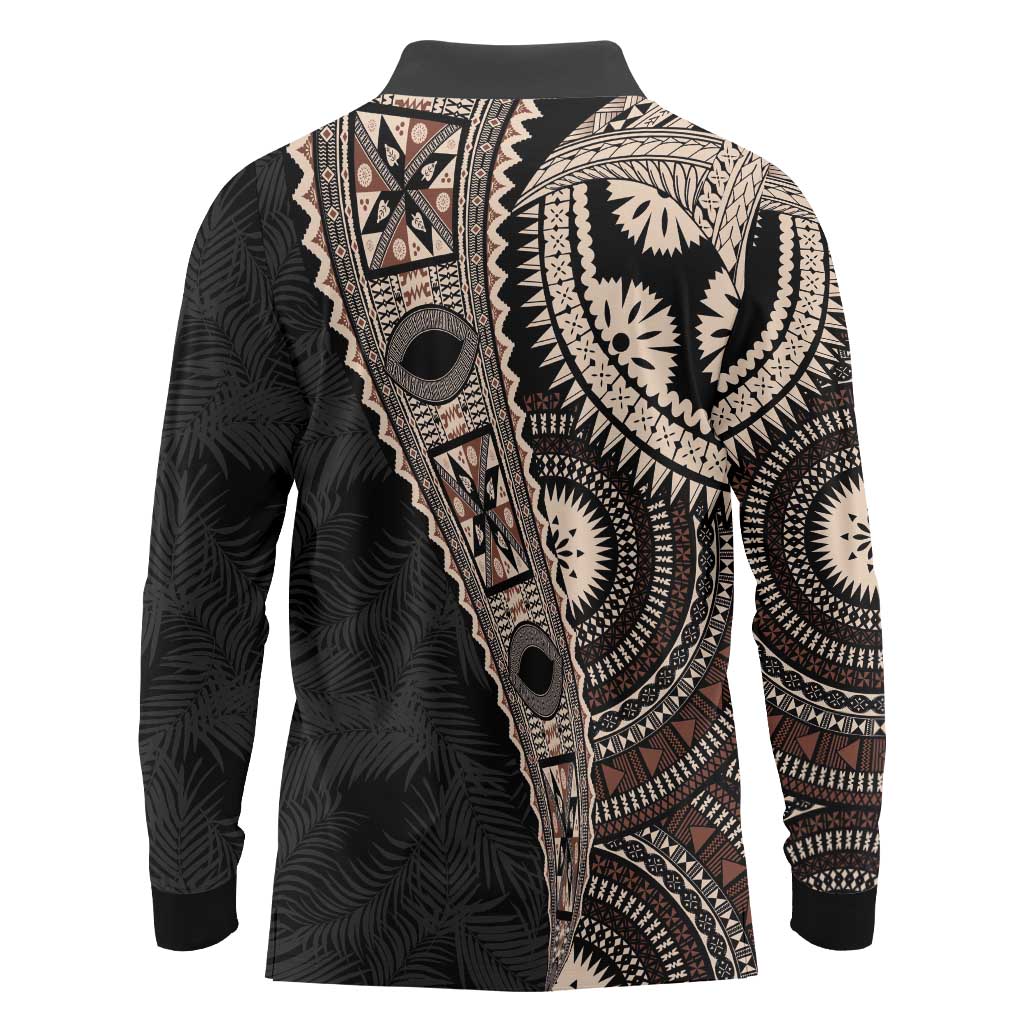 Fiji Traditional Masi Long Sleeve Polo Shirt Tapa Art Palm Leaves Pattern