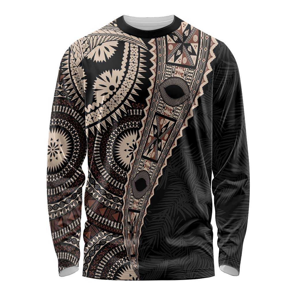 Fiji Traditional Masi Long Sleeve Shirt Tapa Art Palm Leaves Pattern