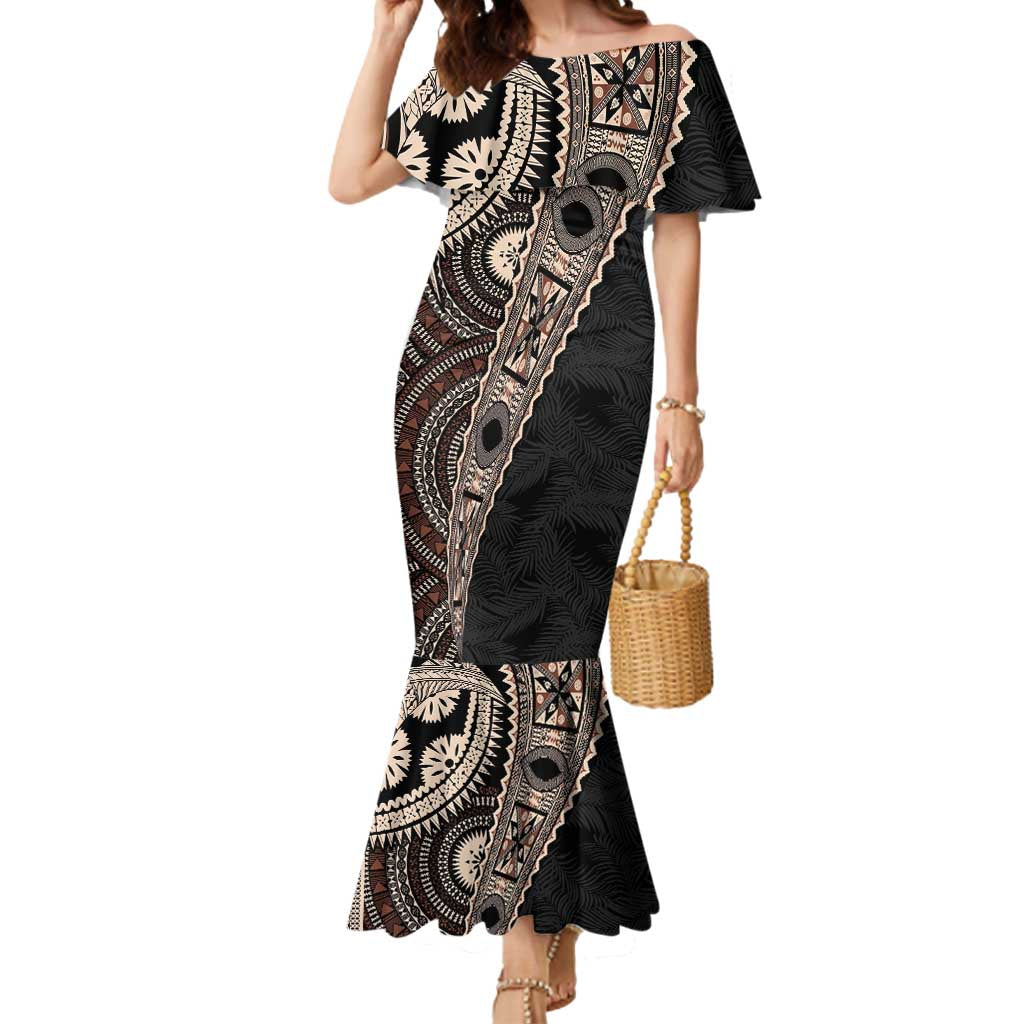 Fiji Traditional Masi Mermaid Dress Tapa Art Palm Leaves Pattern