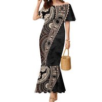 Fiji Traditional Masi Mermaid Dress Tapa Art Palm Leaves Pattern